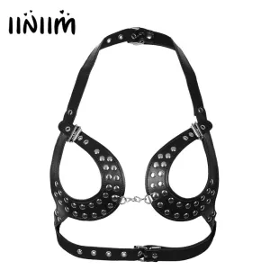 Black Women PU Leather Classic Black Open Cup Adjustable Wetlook Sexy Body Chain Harness Bra Belt with Buckles and Rivets