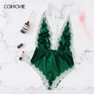 COLROVIE Green Scallop Lace Backless Criss Cross Satin Romper Lingerie Teddy Bodysuit Women 2019 Navy Onesies Pajama Sleepwear