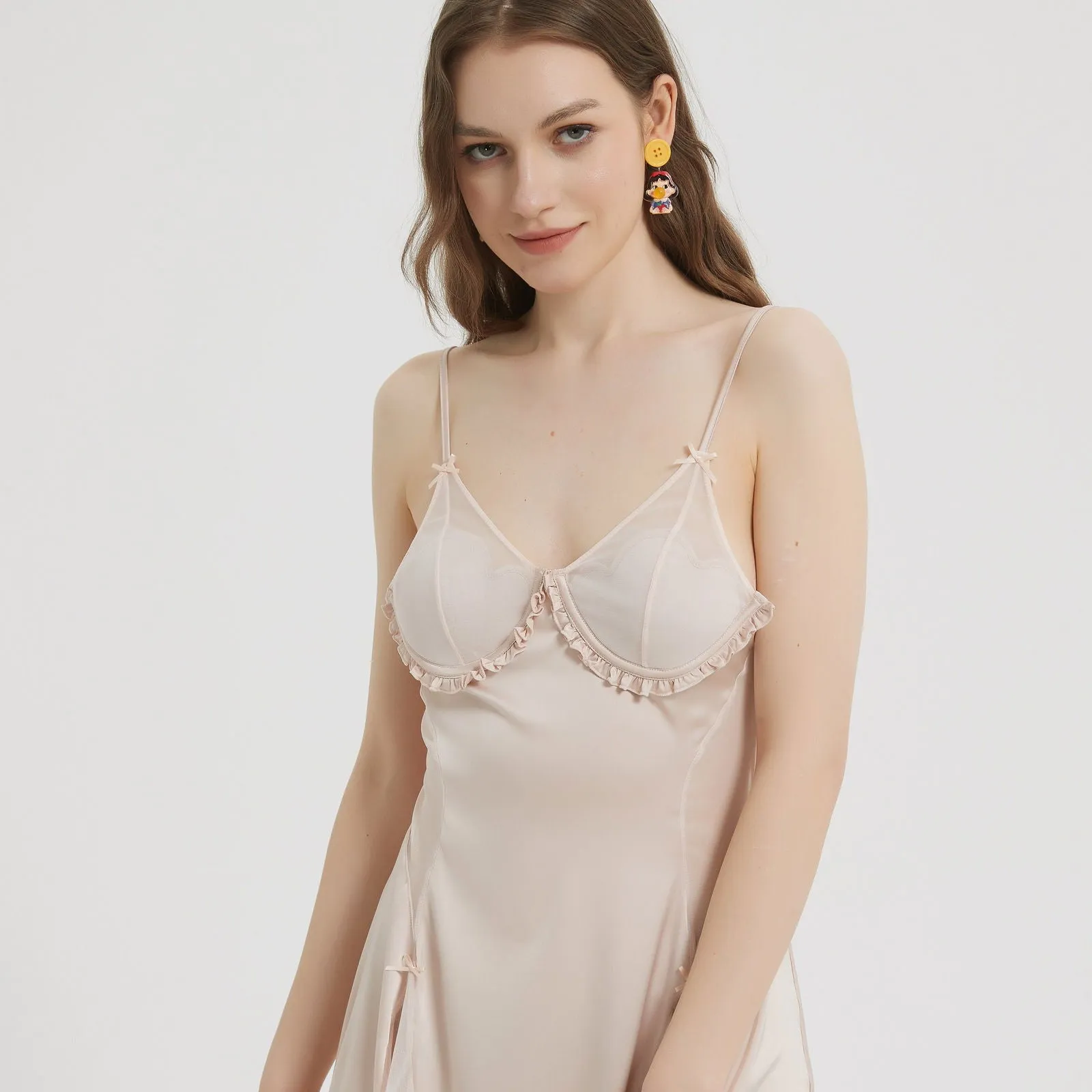 Cream Mesh Panel Babydoll with Ruffle Accents