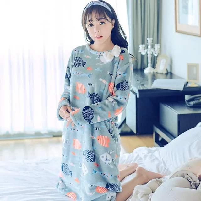 Fashion Women Winter Night Skirt Leisure Home Clothes Long SleeveThicken Warm Flannel NIghtgown for Women Dress Sleepwear Girl