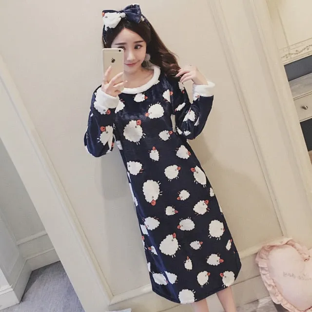 Fashion Women Winter Night Skirt Leisure Home Clothes Long SleeveThicken Warm Flannel NIghtgown for Women Dress Sleepwear Girl