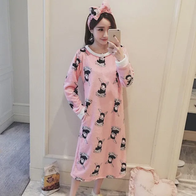 Fashion Women Winter Night Skirt Leisure Home Clothes Long SleeveThicken Warm Flannel NIghtgown for Women Dress Sleepwear Girl