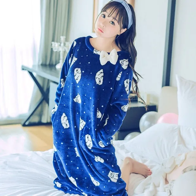 Fashion Women Winter Night Skirt Leisure Home Clothes Long SleeveThicken Warm Flannel NIghtgown for Women Dress Sleepwear Girl