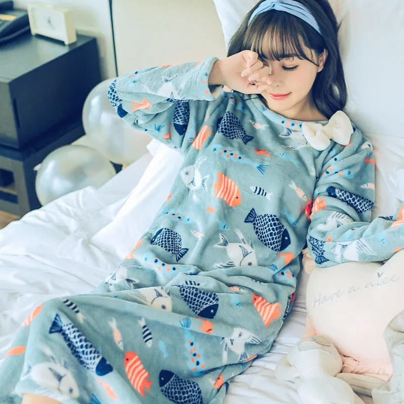 Fashion Women Winter Night Skirt Leisure Home Clothes Long SleeveThicken Warm Flannel NIghtgown for Women Dress Sleepwear Girl