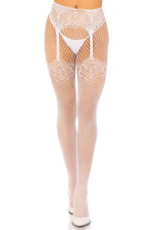 Faux Garter Belt Fishnet Tights With Lace Up Backseam