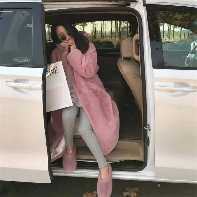 Fur Coat Autumn Winter 2019 Hot Sale Women Faux Fur Coat Teddy Coat Imitation Rabbit Hair Long Hooded Fur Coats Sheepskin Coat