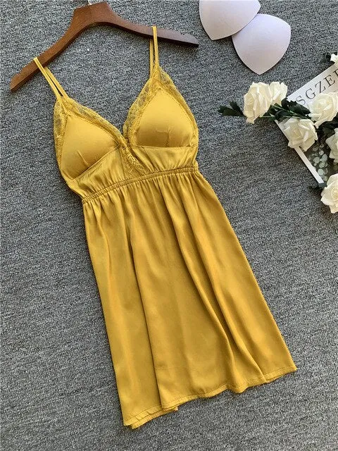 FZSLCYIYI Nightgowns & Sleepshirts Silk Sleepwear Women Night Dress Satin Sexy Lace Lingerie Nightshirts Sleep Lounge