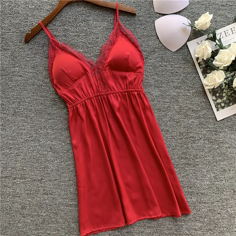 FZSLCYIYI Nightgowns & Sleepshirts Silk Sleepwear Women Night Dress Satin Sexy Lace Lingerie Nightshirts Sleep Lounge