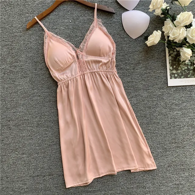 FZSLCYIYI Nightgowns & Sleepshirts Silk Sleepwear Women Night Dress Satin Sexy Lace Lingerie Nightshirts Sleep Lounge