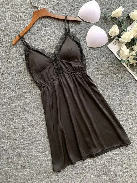 FZSLCYIYI Nightgowns & Sleepshirts Silk Sleepwear Women Night Dress Satin Sexy Lace Lingerie Nightshirts Sleep Lounge