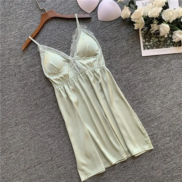 FZSLCYIYI Nightgowns & Sleepshirts Silk Sleepwear Women Night Dress Satin Sexy Lace Lingerie Nightshirts Sleep Lounge