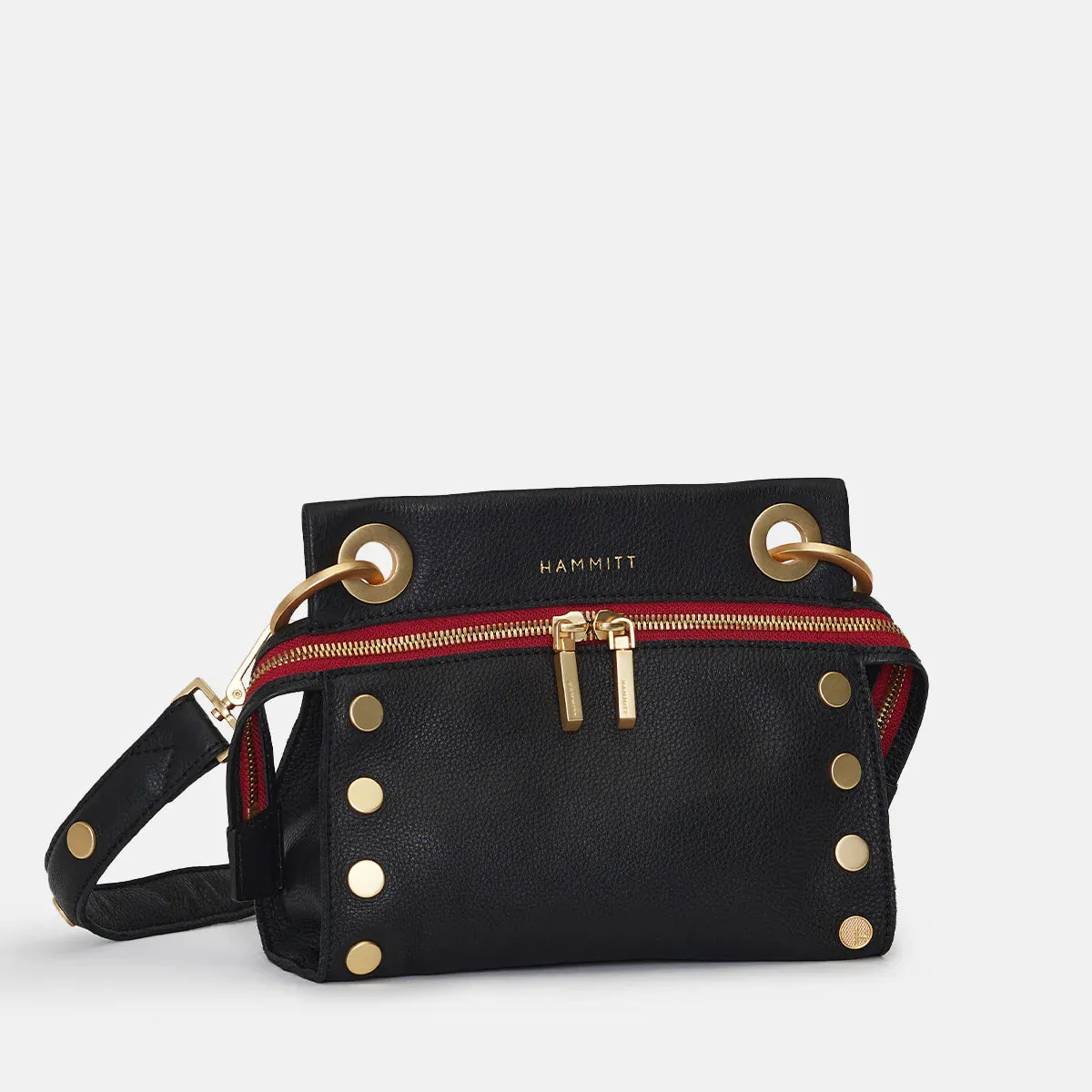 Hammitt Tony Sml Signature Crossbody Leather Handbag Black/Brushed Gold Red Zip