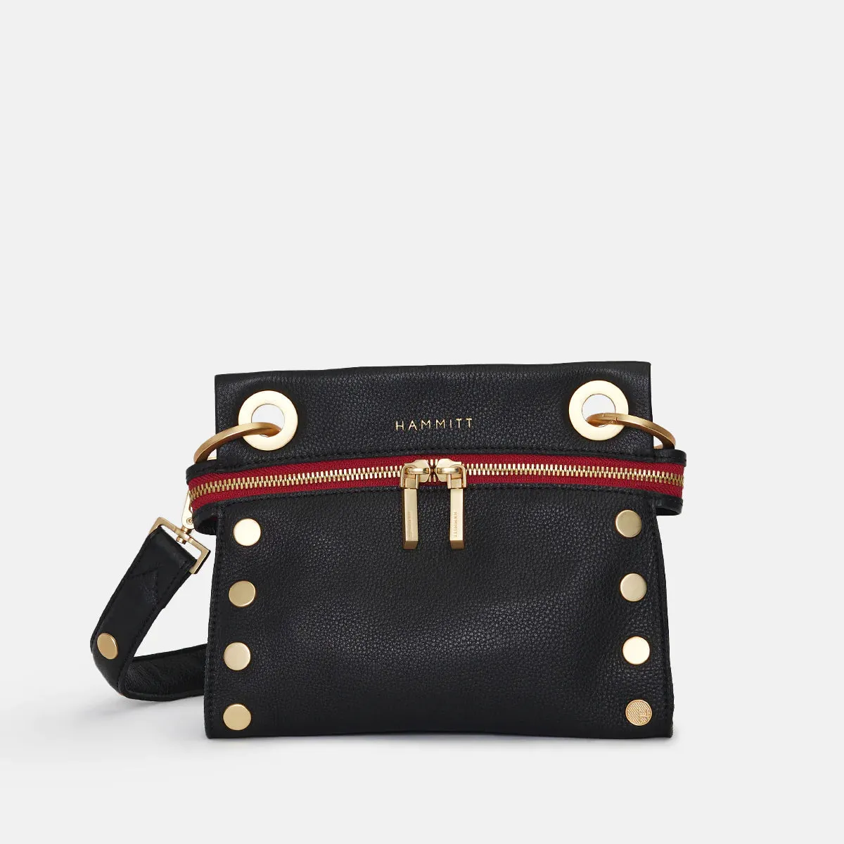 Hammitt Tony Sml Signature Crossbody Leather Handbag Black/Brushed Gold Red Zip