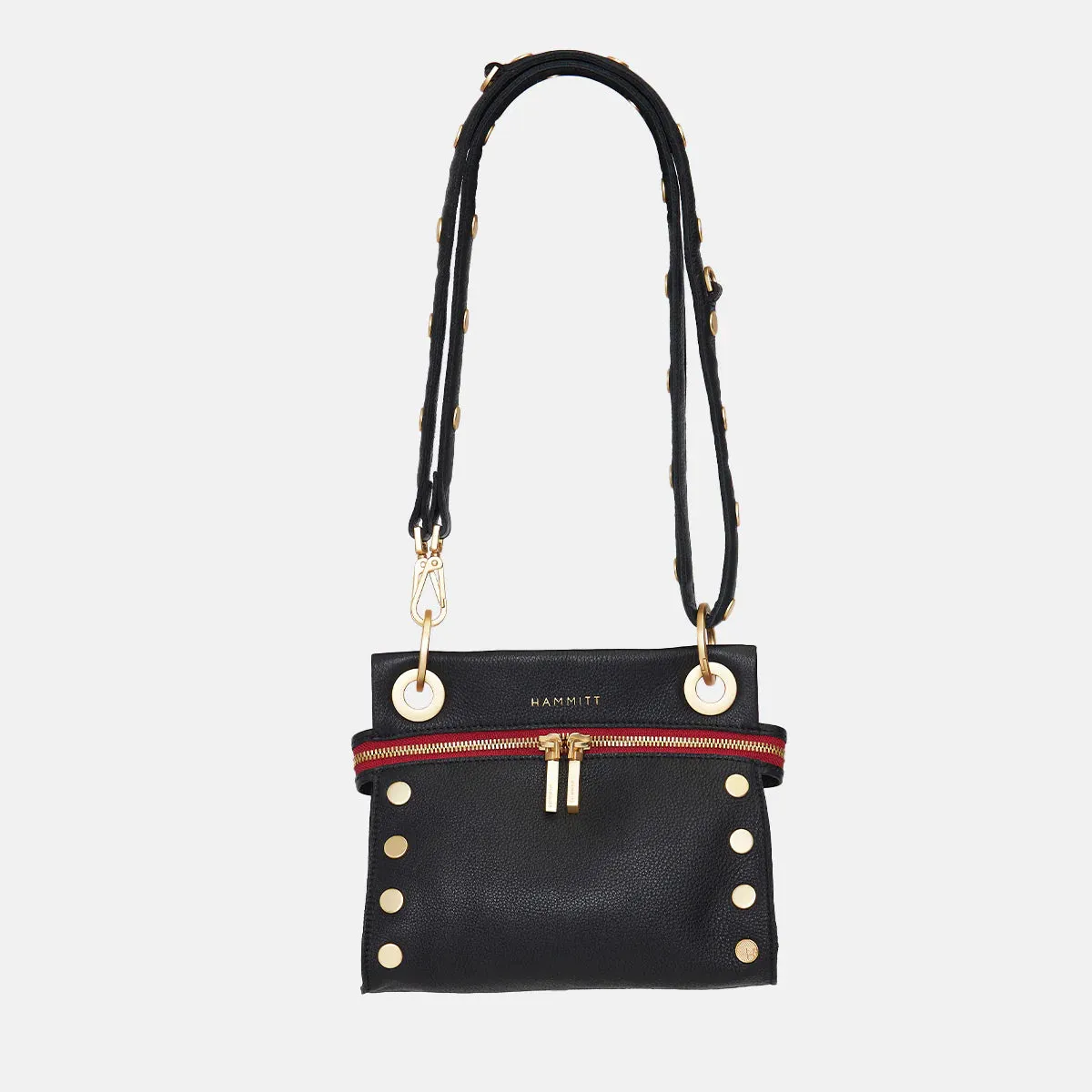 Hammitt Tony Sml Signature Crossbody Leather Handbag Black/Brushed Gold Red Zip
