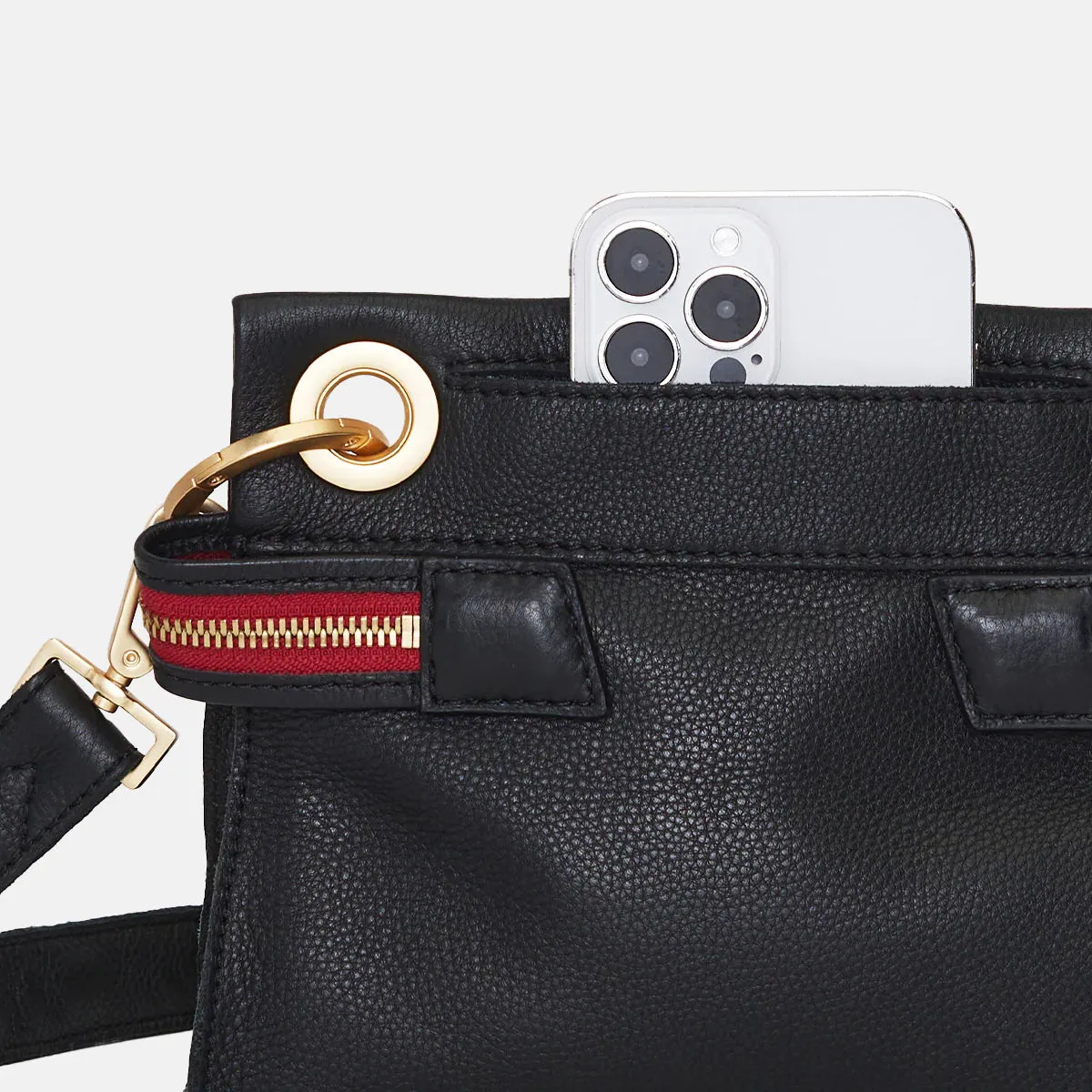 Hammitt Tony Sml Signature Crossbody Leather Handbag Black/Brushed Gold Red Zip