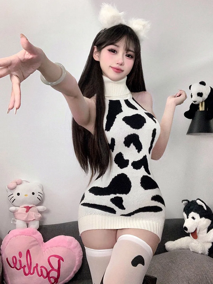 Knitted Cow Print Backless Mini Dress