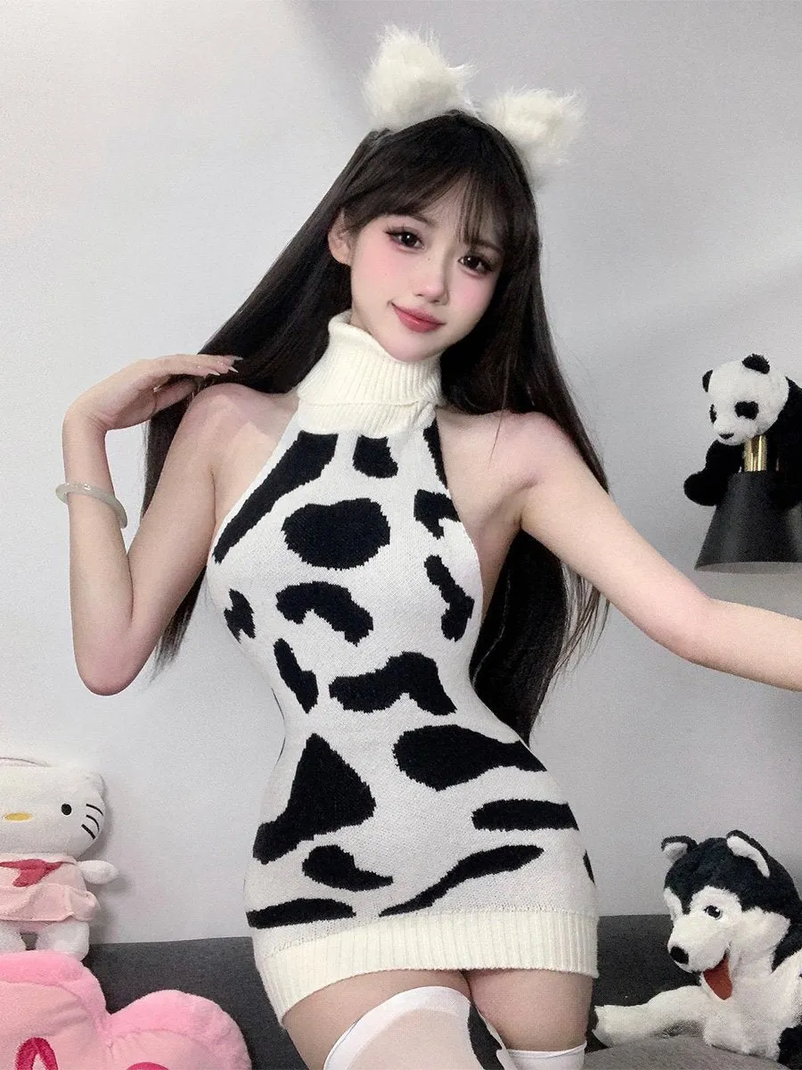 Knitted Cow Print Backless Mini Dress