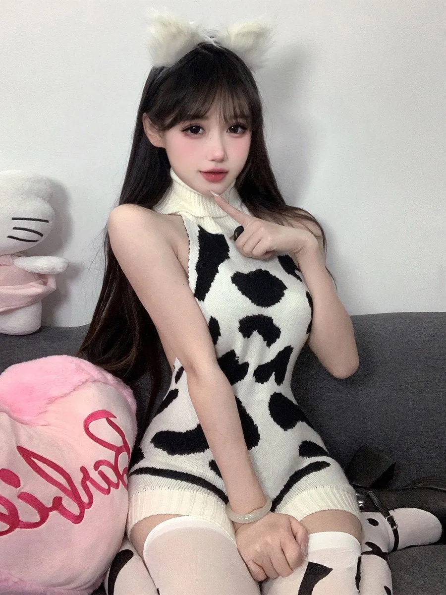 Knitted Cow Print Backless Mini Dress