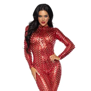 Laser-Cut Metallic Catsuit Red Medium