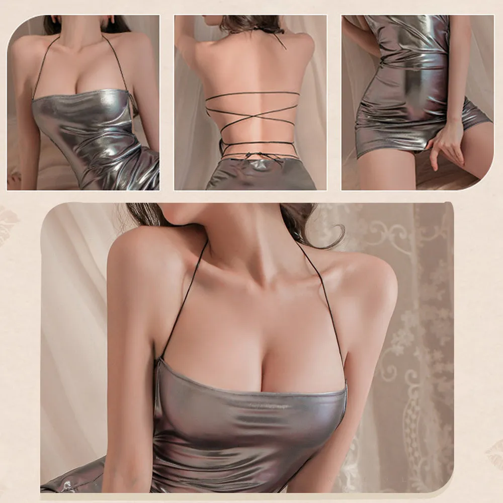 Metallic Halter Mini Dress Sexy Backless Holographic Dress with Crothless Pantyhose