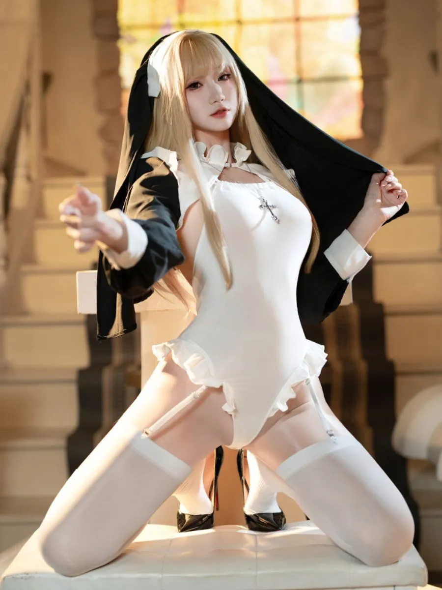 Open Crotch Bodysuit and Nun Veil
