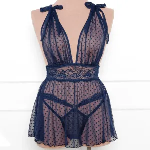 Polka Dot Mesh Babydoll - Navy