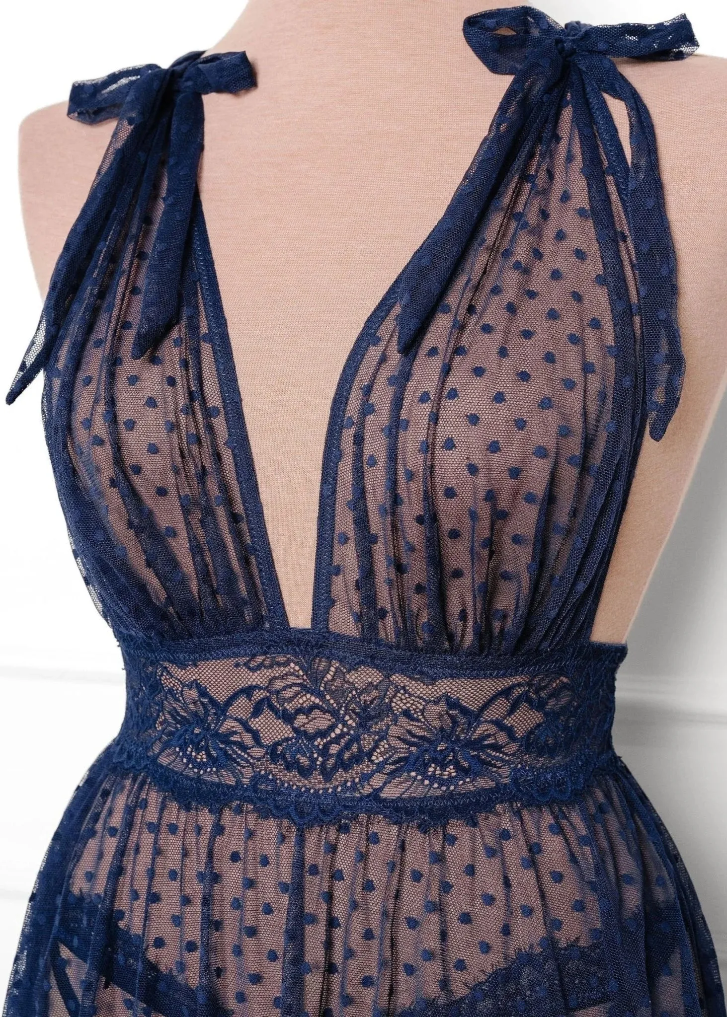 Polka Dot Mesh Babydoll - Navy