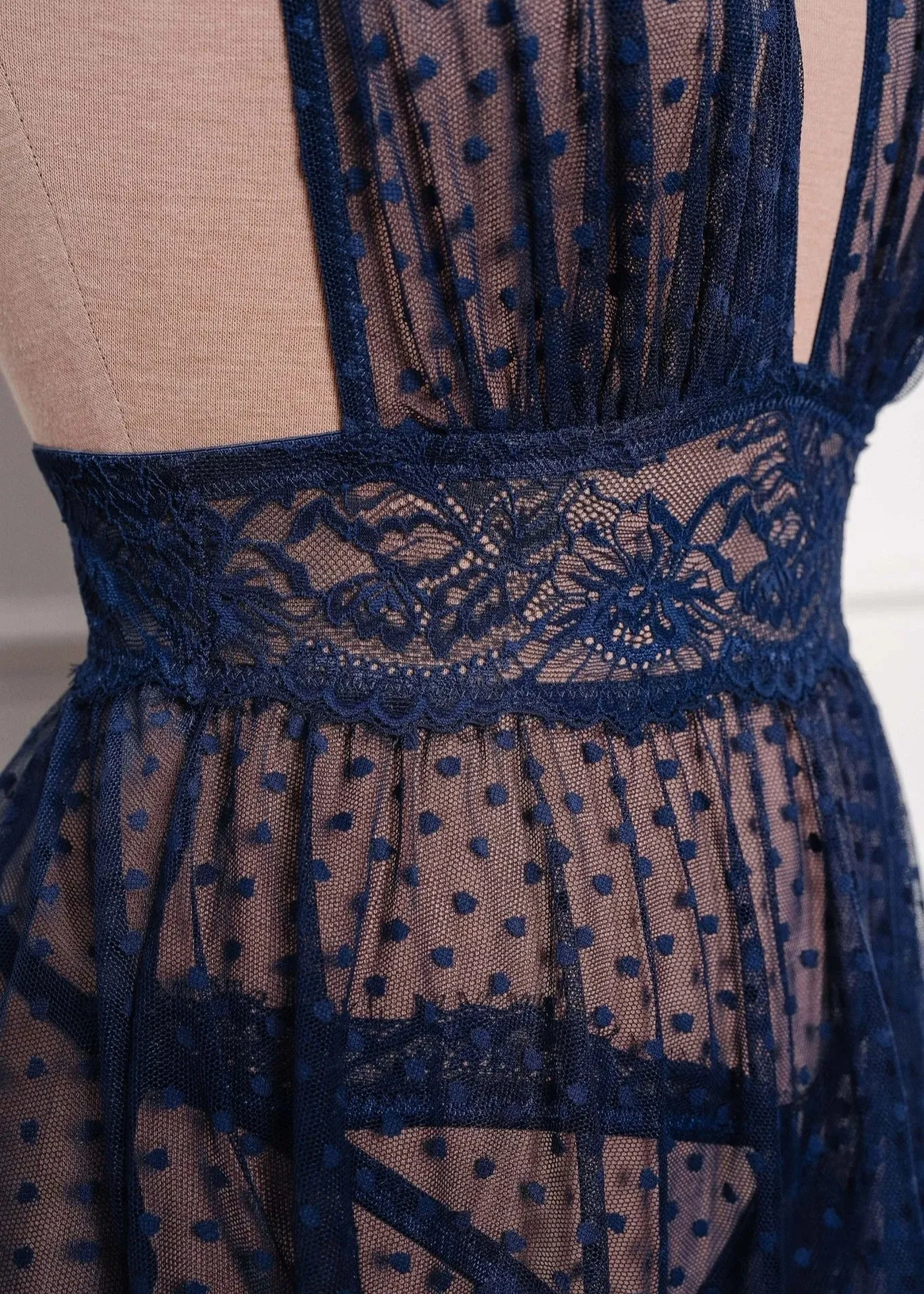 Polka Dot Mesh Babydoll - Navy