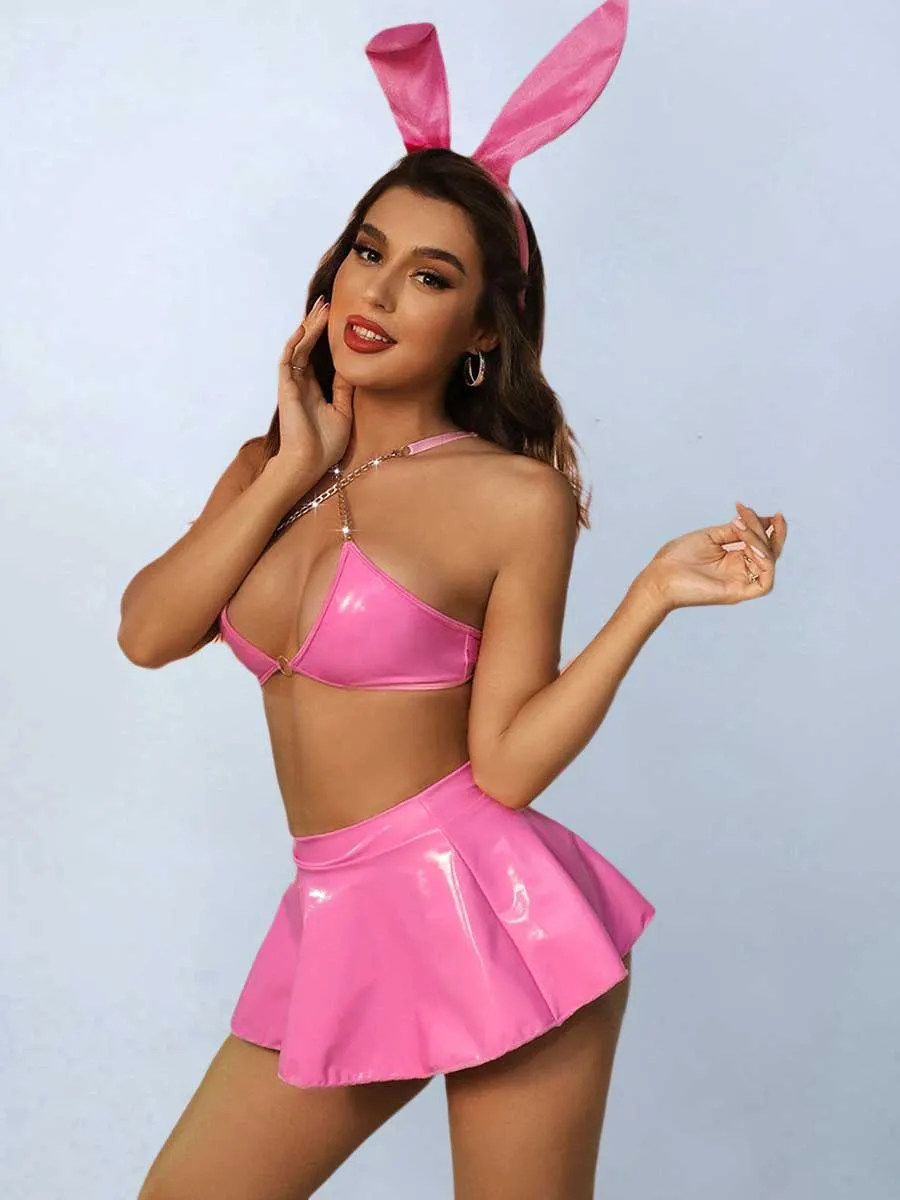 Rave Outfits for Women Bunny Cosplay Costume Latex Bikini with Rave Skirt Music Festival Outfit