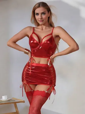 Red Metallic Lace-Up Mini Skirt Set
