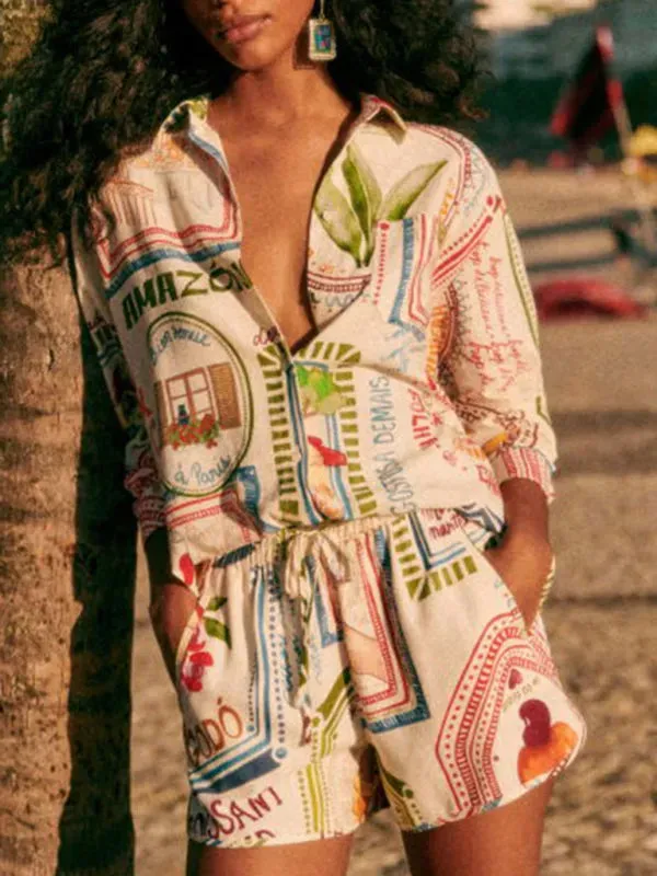 Relaxed Women Graphic Casual Two-Piece Shorts Set