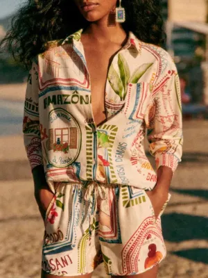 Relaxed Women Graphic Casual Two-Piece Shorts Set
