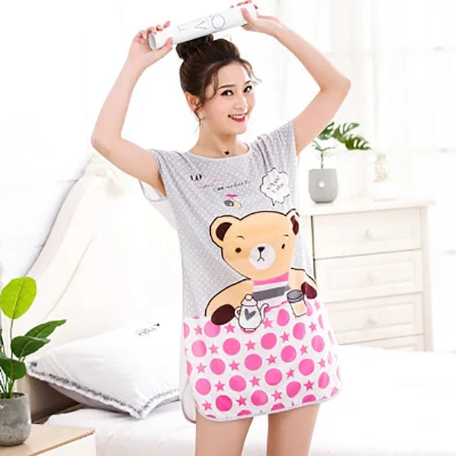 Sanderala Women Print Cartoon Sexy Sleepwear Round Neck Lingerie Cute Nightdress Strap Thin Female Underwear Nighty Home Wear