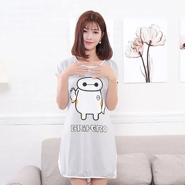 Sanderala Women Print Cartoon Sexy Sleepwear Round Neck Lingerie Cute Nightdress Strap Thin Female Underwear Nighty Home Wear