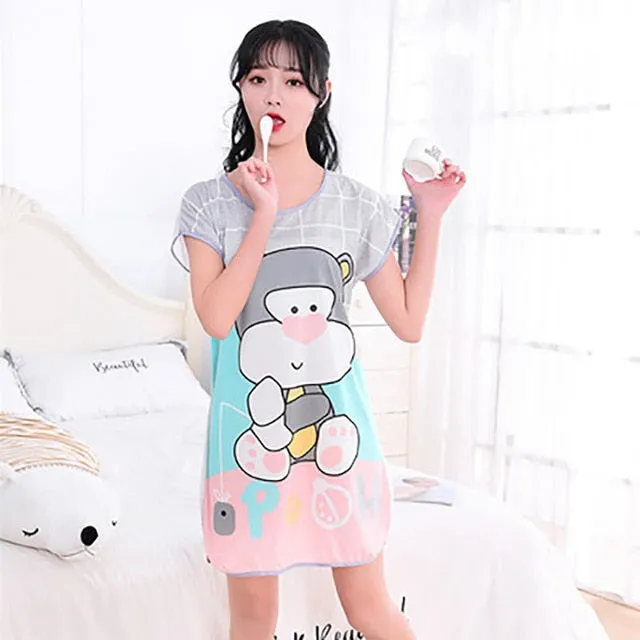 Sanderala Women Print Cartoon Sexy Sleepwear Round Neck Lingerie Cute Nightdress Strap Thin Female Underwear Nighty Home Wear