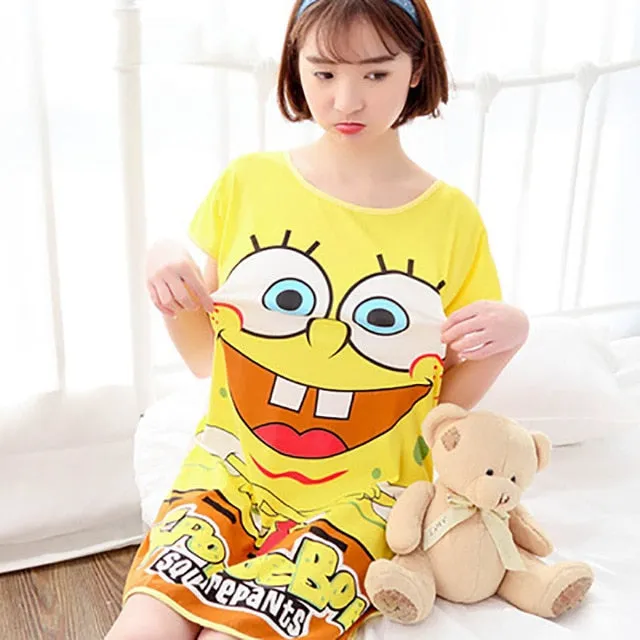 Sanderala Women Print Cartoon Sexy Sleepwear Round Neck Lingerie Cute Nightdress Strap Thin Female Underwear Nighty Home Wear