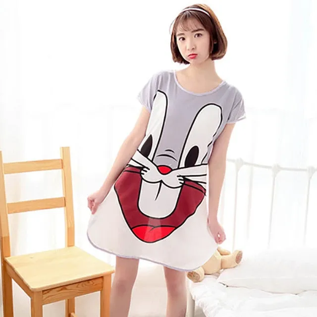 Sanderala Women Print Cartoon Sexy Sleepwear Round Neck Lingerie Cute Nightdress Strap Thin Female Underwear Nighty Home Wear