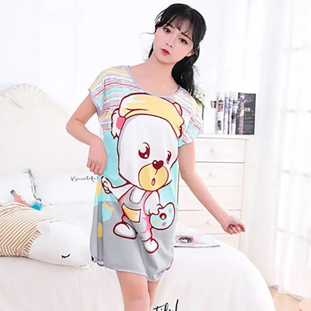 Sanderala Women Print Cartoon Sexy Sleepwear Round Neck Lingerie Cute Nightdress Strap Thin Female Underwear Nighty Home Wear