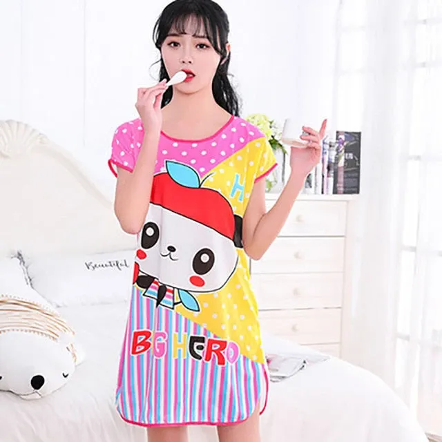 Sanderala Women Print Cartoon Sexy Sleepwear Round Neck Lingerie Cute Nightdress Strap Thin Female Underwear Nighty Home Wear