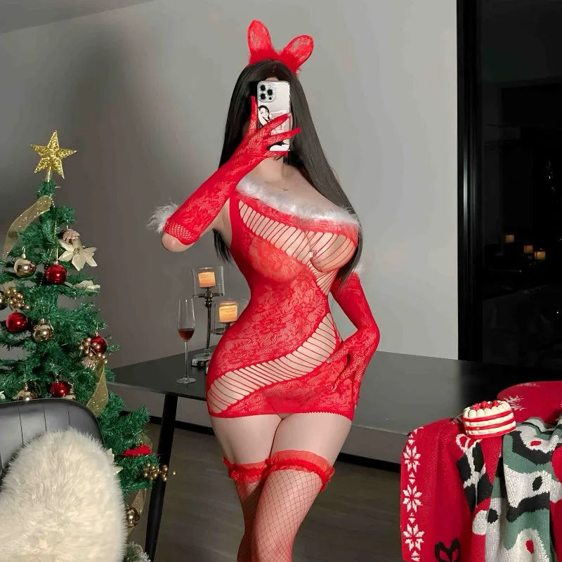SD-1128 Sexy plush big mesh Christmas one-piece net. long sleeves. straight shoulder. see-through open net stockings