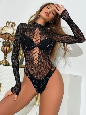 Seamless Rhinestone Net Bodysuit