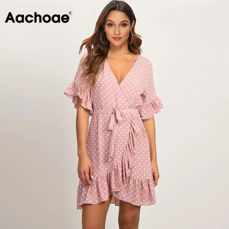 Summer Dress 2019 Boho Style Beach Dress Fashion Short Sleeve V-neck Polka Dot A-line Party Dress Sundress Vestidos