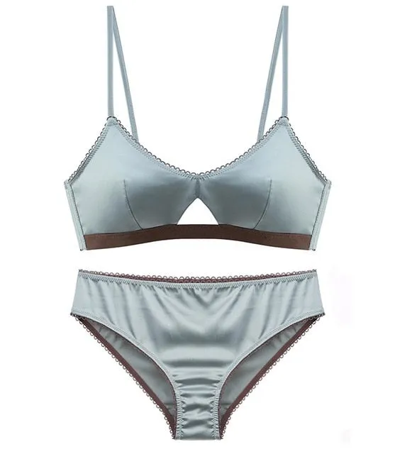 TERMEZY New Women Underwear Wire Free satin bra thin 3/4 cups Bra and Panty Set Hollow Lingerie Women Brassiere Bralette