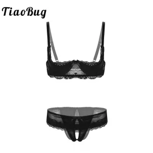 TiaoBug Women Lace Lingerie Set Adjustable Straps 1/4 Cup Unlined Bra with Open Crotchless Thong Briefs Erotic Sexy Underwear
