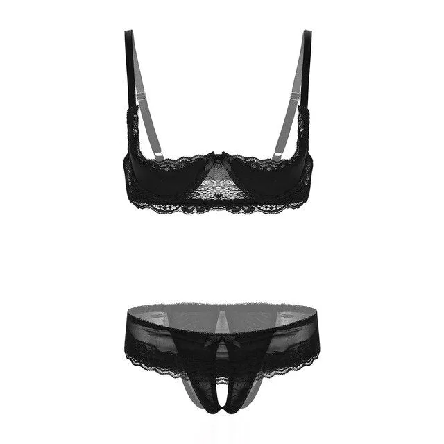 TiaoBug Women Lace Lingerie Set Adjustable Straps 1/4 Cup Unlined Bra with Open Crotchless Thong Briefs Erotic Sexy Underwear