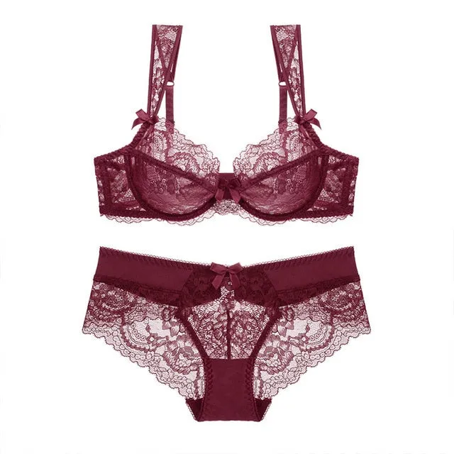 Transparent Bra Set For Women Underwear Lingerie Sexy Bralette Ultra-thin Bra Plus Size C D Cup Push Up Lace Bra Panties Set