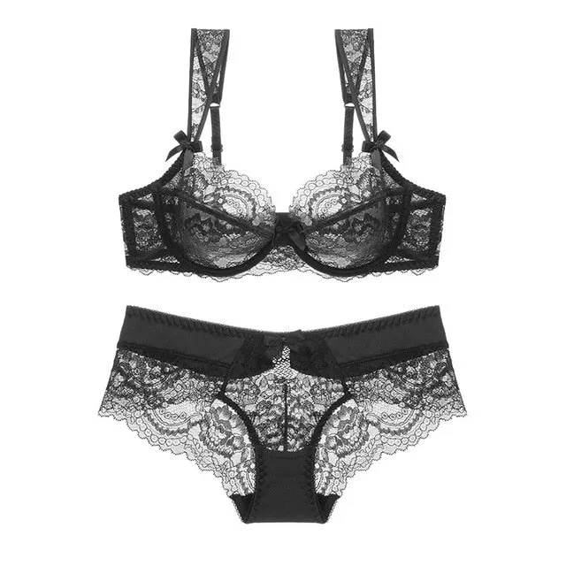 Transparent Bra Set For Women Underwear Lingerie Sexy Bralette Ultra-thin Bra Plus Size C D Cup Push Up Lace Bra Panties Set