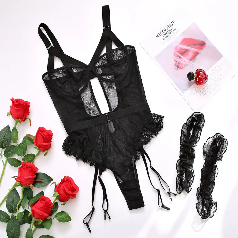 Women Lace Garter Teddy Hollow Out Demi Bra Bodysuit
