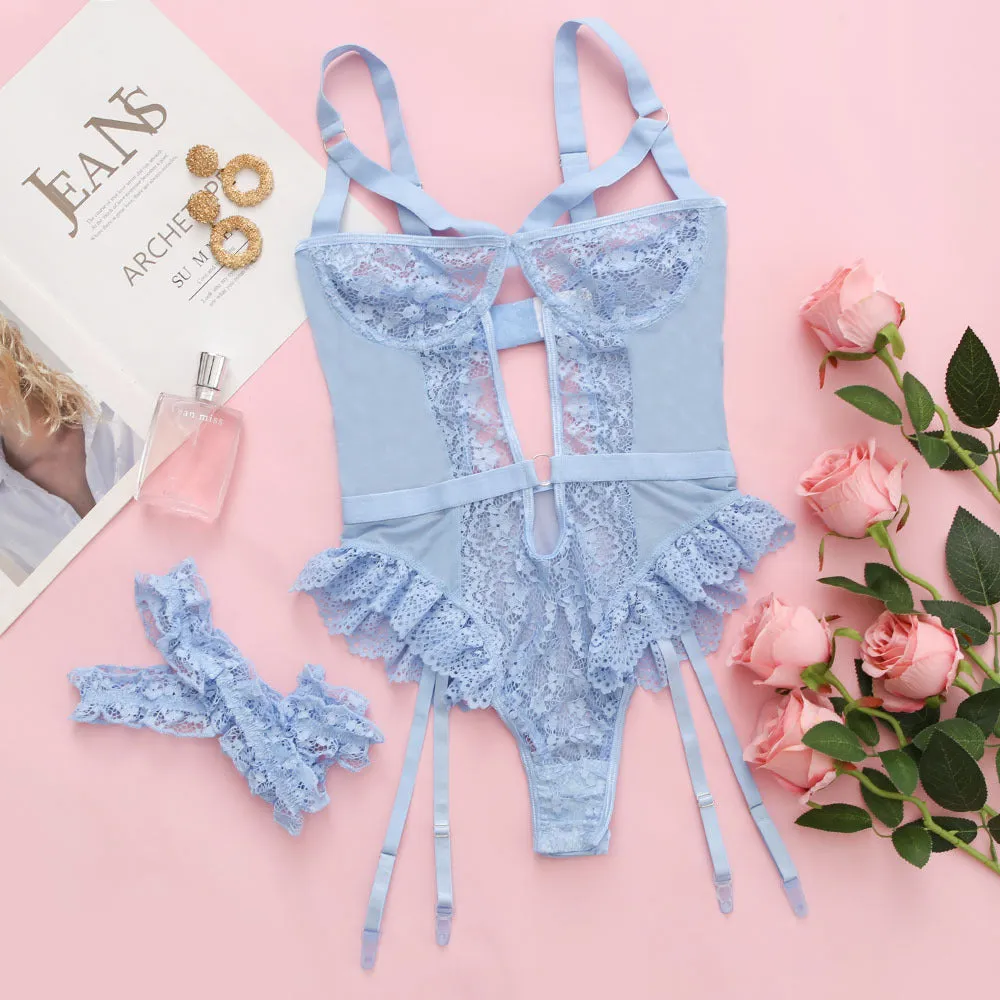 Women Lace Garter Teddy Hollow Out Demi Bra Bodysuit