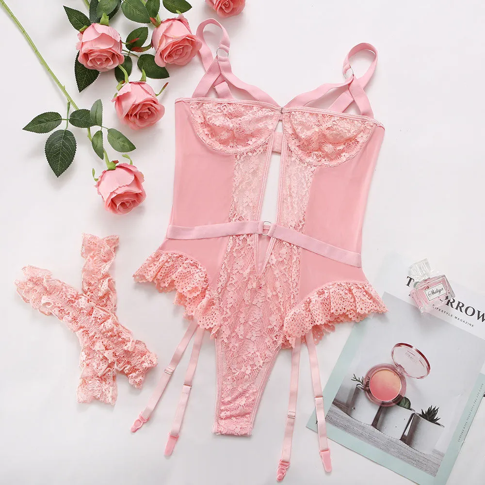 Women Lace Garter Teddy Hollow Out Demi Bra Bodysuit